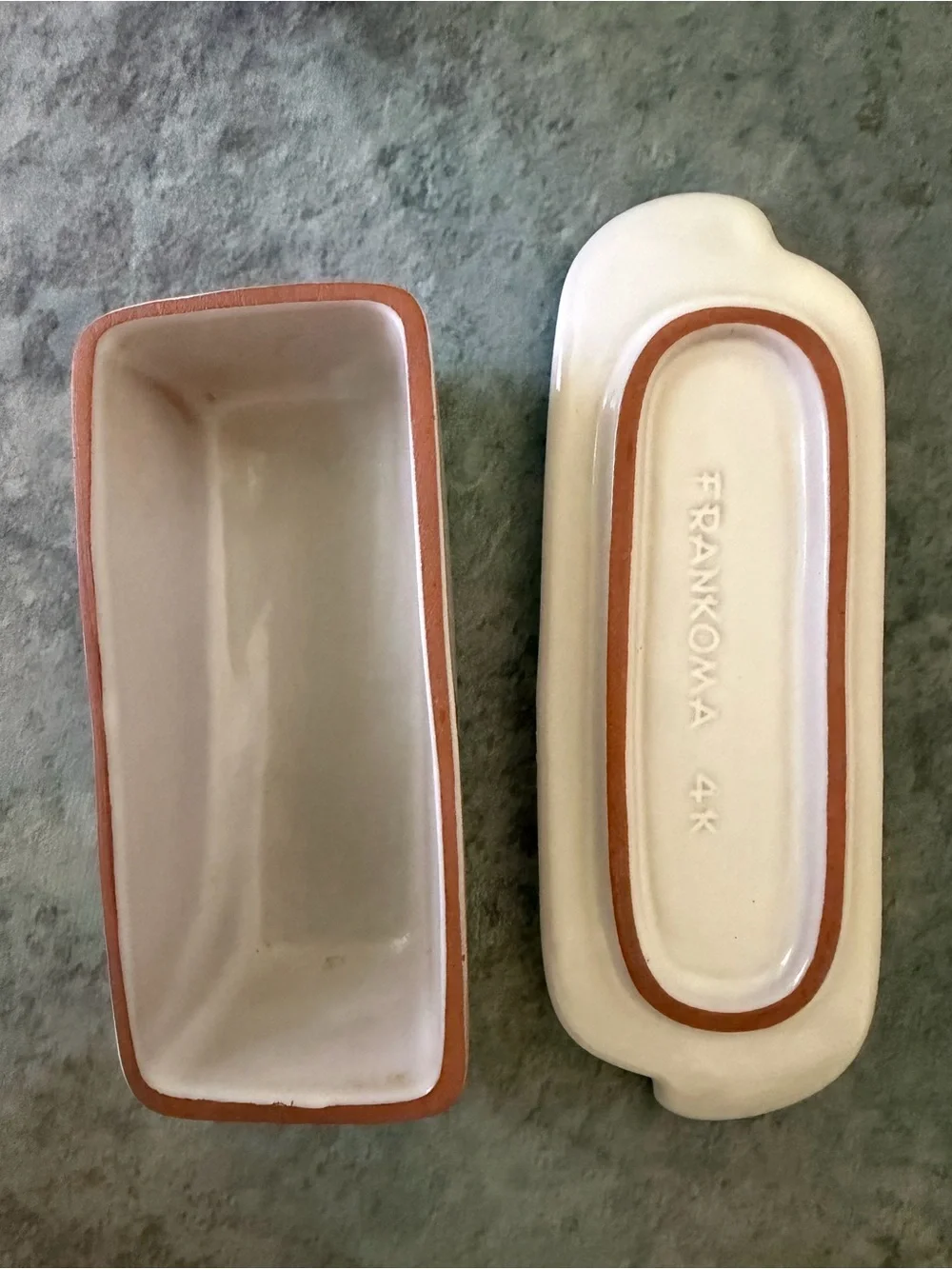 Frankoma White Ceramic Butter Dish with Duck Motif and Blue Bow
